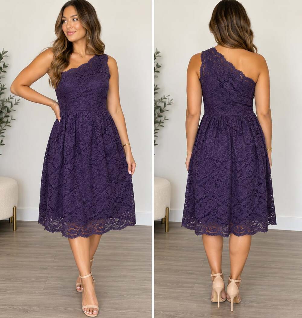 Romantic Lace One Shoulder Midi Dress Purple Wedding Guest Tevolio Size 6